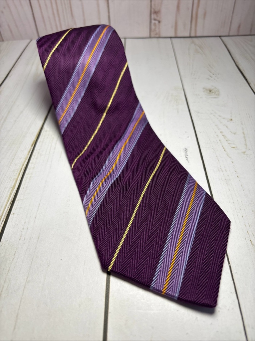CHARLES TYRWHITT Purple-Orange-yellow Striped Silk Blend Tie 60”-3.5”